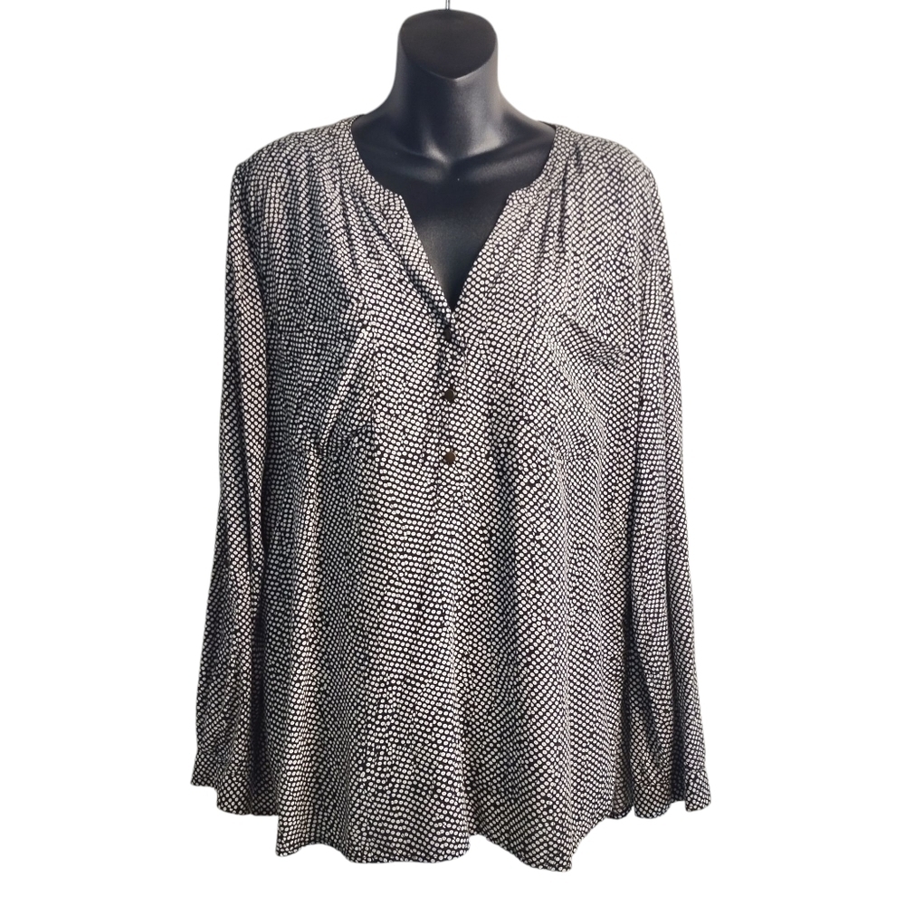 COMO Vintage Women's Black White Polka Dot Print Button V-Neck Two Pockets Sz L